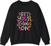 [X.Style] Get Your Glow On Let's Crazy Costume Birthday Glowing Retro 80s 90s Sweatshirt for Adults Crew Neck Long Sleeve Pullover Black S