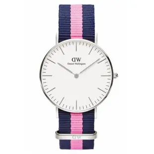 DW Daniel Wellington 經典藍粉紅帆布時尚女錶-銀框/36mm(0604DW)