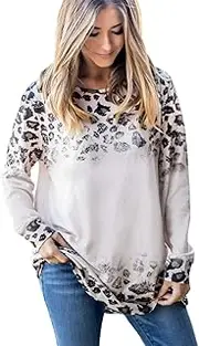 [Tickled Teal] Women's Long Sleeve Casual Loose Sweater Outerwear, Sand Cheetah Print, Large