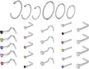 [Aestustheri] 30 Pcs Nose Studs - Silver Nose Rings - Surgical Stainless Steel Nose Piercing Jewelry - L-Shape Nose Studs with Cubic Zirconia - For Women & Men - Multicolor Gift Set Nose Piercing, One