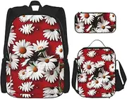 [CADREWY] Red Flower And White Daisy Print Travel Bag Adjustable Shoulder Straps Lunch Bag Pencil Case Large Capacity Bag, Black, One Size
