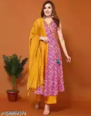 Women Rayon Printed Anarkali kurta pant With Dupatta Set