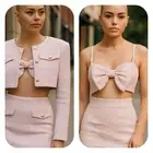 NWT Sugar Thrillz Dolls Kill S pink tweed bow crop top & blazer set