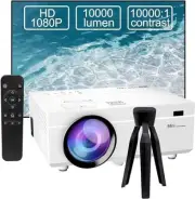 Mini Full HD 1080P 10000 Lumen Projector Supports 4K Video, LED Home Cinema