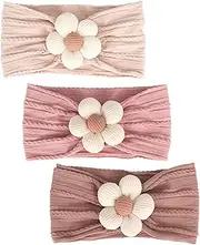 3Pcs Baby Girls Flower Headbands, Soft Elastic Baby Nylon Hairbands Baby Flower Headbands, Stretchy Handmade Hairbands Headwrap Hair Accessories for Newborn Infant Kids（Beige Pink Khaki）