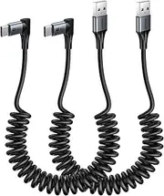 SUNGUY Right Angle Coiled USB C Cable [0.4M-1M], 2Pack 90 Degree USB A to USB C Cable for Android Auto & Carplay, USB Type C Charging Cable for iPhone 16 15 Pro Max/Plus, Samsung Galaxy S24 S23 S22