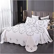 White Cotton Quilt Set Queen King Size Purple Embroidery Lightweight Soft Bedspread Coverlet Quilted Comforter Bed Cover for All Season, 3 Pieces(230x230cm+51x71cm x2)