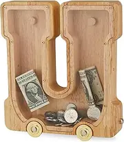 NBTORCH Large Wooden Letter Piggy Bank - Interconnectable Alphabet U Piggy Bank Toy with Wheels, for Kids Boys Girls Adults (Initial-U)