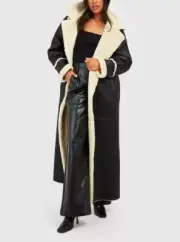 New W/ Tags Womens boohoo Black Borg Trim Maxi Aviator Coat-Size 12
