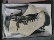 7" Black Rhinestone Diamonds Platform Lace Up Stripper Pole Dancer Heels Boots