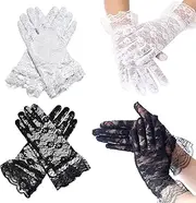 [ZUJIACUN] 2 Pairs Women's Lace Elegant Short Gloves,Stretchy Lace & Satin, Courtesy Summer Gloves for Wedding Party,Tea Party, Prom, Evening(Black+White)