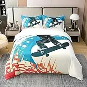 Skateboard 100% Cotton Duvet Cover 135 x 200 cm for Boys Girls, Graffiti Skateboarding Man Bedding Set for Children, Sports Lovers Skater Duvet Cover, Sports Game Bed Set, for Bedroom