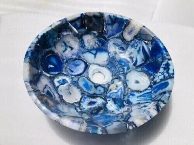 Stone Wash Basin Sink Round Natural Blue Agate Handmade Bathroom & Kitchen Deco