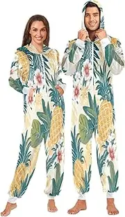[ZZXXB] Pineapple and Leaves Onesie Pajamas for Adult Women Men Long Sleeves One Piece Onesies Hooded Sleepwear S - XL