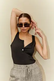 Black Button Front Rib Bodysuit - Size XS, Women's Bodysuit