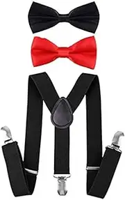 [CLOTHERA] Black Suspender with 1 Red and 1 Black Bow Tie Set for Kids 1 to 5 Years (Black), black, Free Size