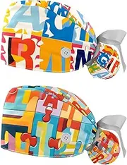 [YTYVAGT] 2-Pc,Nurse Scrub Caps,Scrub Hats with Buttons and Cotton Sweatband,Alphabet Number Puzzle Pattern