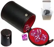 (6) Transparent Orchid Dice + Black PU Leather Red Felt Lined Cup w/Compartment