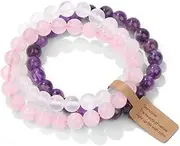 [Risyfjew] 3 PCS Healing Crystal Bracelets for Women 8mm Natural Stone Beaded Stretch Chakra Bracelets Rose Quartz Amethyst Pink Zebra Jasper Handmade Jewelry Gifts