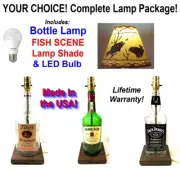 YOUR CHOICE of Liquor Bar Bottle Table LAMP with FISH Shade & LED Light Bulb