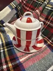Grace Teaware Porcelain Set Tea For One Teapot Cup Saucer Peppermint Stripes NEW