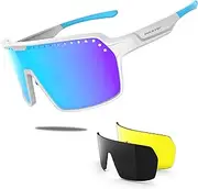 [HAAYOT] Polarized Cycling Glasses,Sports Sunglasses for Men Women,Baseball Running Fishing Biking Sunglasses with 3 Lenses White Azure Blue