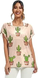 [RPLIFE] Trendy Potted Cactus Peach Beige Top Batwing Sleeve Off Shoulder Top, S-XXL Womens Casual Tops