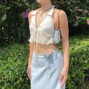 Halter Collared Plain Embroidered Eyelet Panel Lace Crop Top White - M