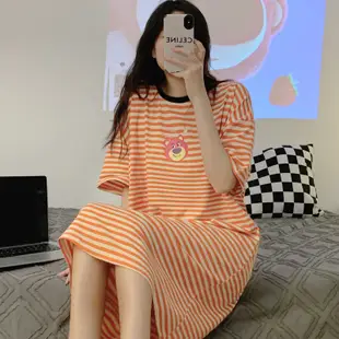 【高品質純棉居家服】韓國ins風可愛卡通草莓熊條紋睡裙女夏季寬鬆學生網紅少女睡衣夏