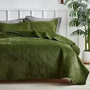 WARMDERN Ultrasonic Green Velvet Quilt Set King Size, Geometric Textured Weave Pattern Modern Quilt Bedding Set, 3 Piece Soft Microfiber Bedspreads Coverlet for All Season, Green, 106x96 inches