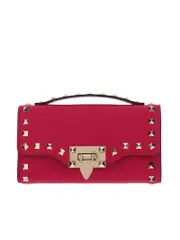 Valentino Garavani Rockstud Grainy Calfskin Wallet With Chain Strap in Red