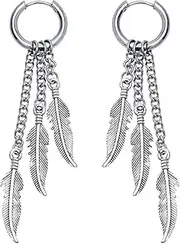 [Generic] Feather Dangle Earrings for Men Punk Stainless Steel Long Chain Pendant Earrings