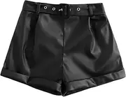 [WDIRARA] Girl's Leather Shorts Casual Elastic Waist Dressy Shorts with Pocket