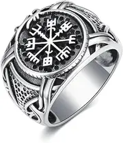 [PYTALI] Viking Ring for Men S925 Sterling Silver Compass Odin Rune Viking Vegvisir Pirate Compass Nordic Norse Symble for Men Ring, Handmade Silver Ring for Men Silver Retro Vintage Pattern Men's