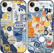 Phoona 2 Pack Cute Case for iPhone 14 /iPhone 13 6.1", European Collage Preppy Summer Girly Design Pattern for Girls Women, Slim Soft Silicone Shockproof Bumper Protector Cover, Blue 02
