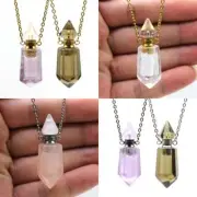 Natural Crystal Stone Perfume Bottle Pendants Necklace Rose Pink Quartz Hexagon