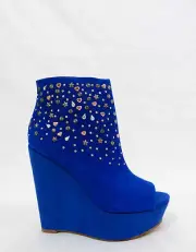 RACHEL ROY Suanna Platform Wedge Ankle Booties Peep Toe Studs Suede Blue 6