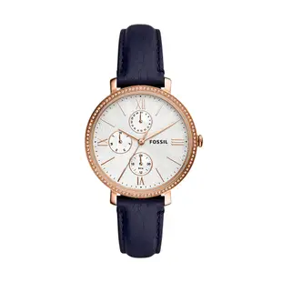 FOSSIL Jacqueline Multifunction 高雅玫瑰金環鑽女錶 藍色真皮錶帶 38MM ES5096