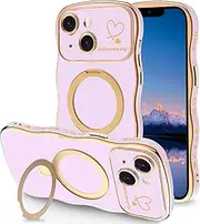 TNQBP Case for iPhone 13 with Magnetic Stand, Luxury Plating Curly Wavy Frame and Cute Heart Pattern, Lens Edge Raised Protection, Slim Shockproof Soft Case for iPhone 13-Light Purple