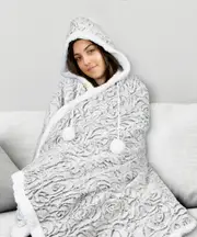 Ardor Faux Fur Snuggle Super Soft Hooded Blanket- Roses Grey