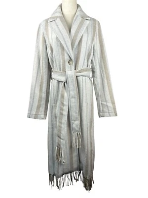 7 For All Mankind Striped Belted Coat I Lightweight Fringe Hem Duster Jacket S M