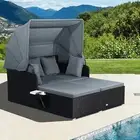 Wicker Cabana with 2 Side Tables & Soft Cushions,Hand-Woven PE Rattan Bed Loung