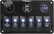 XTevu 6 Gang Rocker Switch Panel, 12V 24V Rocker Switch Panel with Voltmeter, Dual USB Charging Ports, Blue Backlight, Waterproof for Vehicles, Boats, Yacht, RV, SUV, Truck