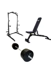 Package of Half Rack Adjustable Bench Olympic Bar Bumper Weight Plates Collars