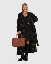 [Belle & Bloom] Heart To Heart Wool Blend Large Collar Maxi Coat - Black Plaid