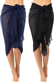 [Boao] 2 Pieces Women Beach Batik Long Sarong Swimsuit Cover up Wrap Pareo with Tassel for Women Girls
