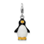 Sterling Silver Amore La Vita Rhodium-Plated Polished 3-D Enameled Penguin Charm With Fancy Lobster Clasp