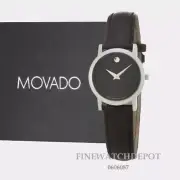Authentic Movado Ladies Silver Tone Black Leather Strap Watch 0606087