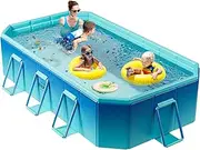 [OTIIPOR] Foldable Pool, Non-Inflatable Swimming Pool for Kids, Adults and Pets, 116" × 65" × 21" Large Portable Kids Pool with Sturdy Metal Bracket for Outdoor Backyard Garden - Blue