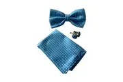 Mens Light Blue Checkered Matching Bow Tie, Pocket Square & Cuff Links Set